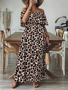 SHEIN VCAY Plus Size Women's Leopard Print Off Shoulder Ruffle Waist A-Line Maxi Dress With Side Slit, Tropical Romantic Casual Western Maxi Dress - Apricot - View 6