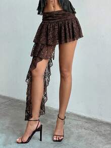 Aloruh Women's Asymmetrical Hem Ruffled Hem Bohemian White Lace Dress, Spring/Summer - Coffee Brown - View 8