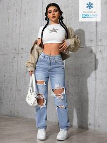 SHEIN ICON Celana Jeans Denim Wanita Kasual Sehari-hari dengan Saku Miring dan Model Sobek - Light Wash - View 5