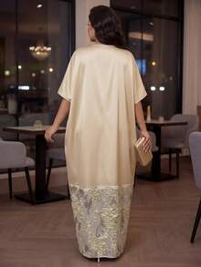 SHEIN Autumn And Winter Elegant Modest Gold Dress V Neck Plus Size Solid Color & Printed Patchwork Short Sleeve Dress Long Summer Dress For Women Yellow New Year's Dress Plus Size Dress Women Church Dress Christmas Dress Elegant Dresses For Women Wedding Party Dress Abayas Dubai Luxury Zeylah Dress Najma Dress Modest Sets For Women Sparkly Dress Floral Dress Sparkly Dress - Apricot - View 2