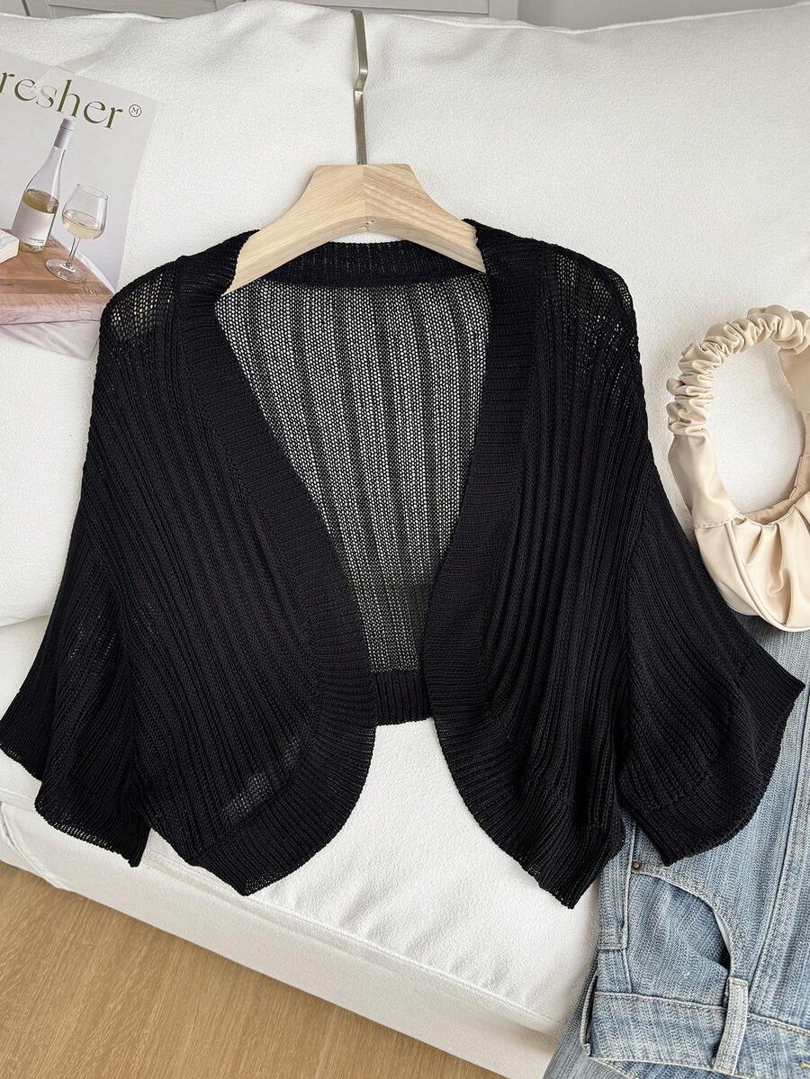 Comfortcana Cárdigan suelto de talla grande para mujer con hombros caídos y apertura frontal de unicolor - Negro - Ver 1