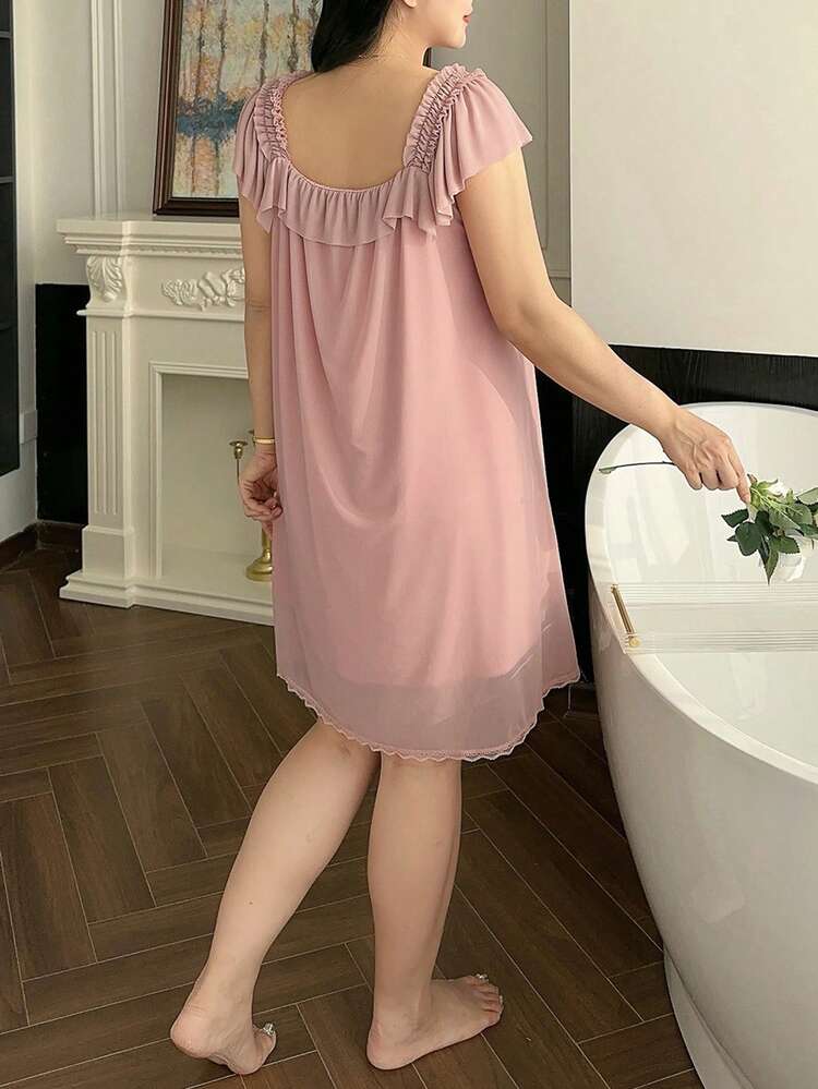 Dazy Plus Plus Size Women Ruffled Mesh Sexy Knee-Length Nightgown, Lightweight & Sweet