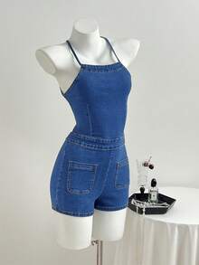 Elamini High Waist Fashionable Tie-Up Elastic Skinny Denim Romper - Medium Wash - View 2