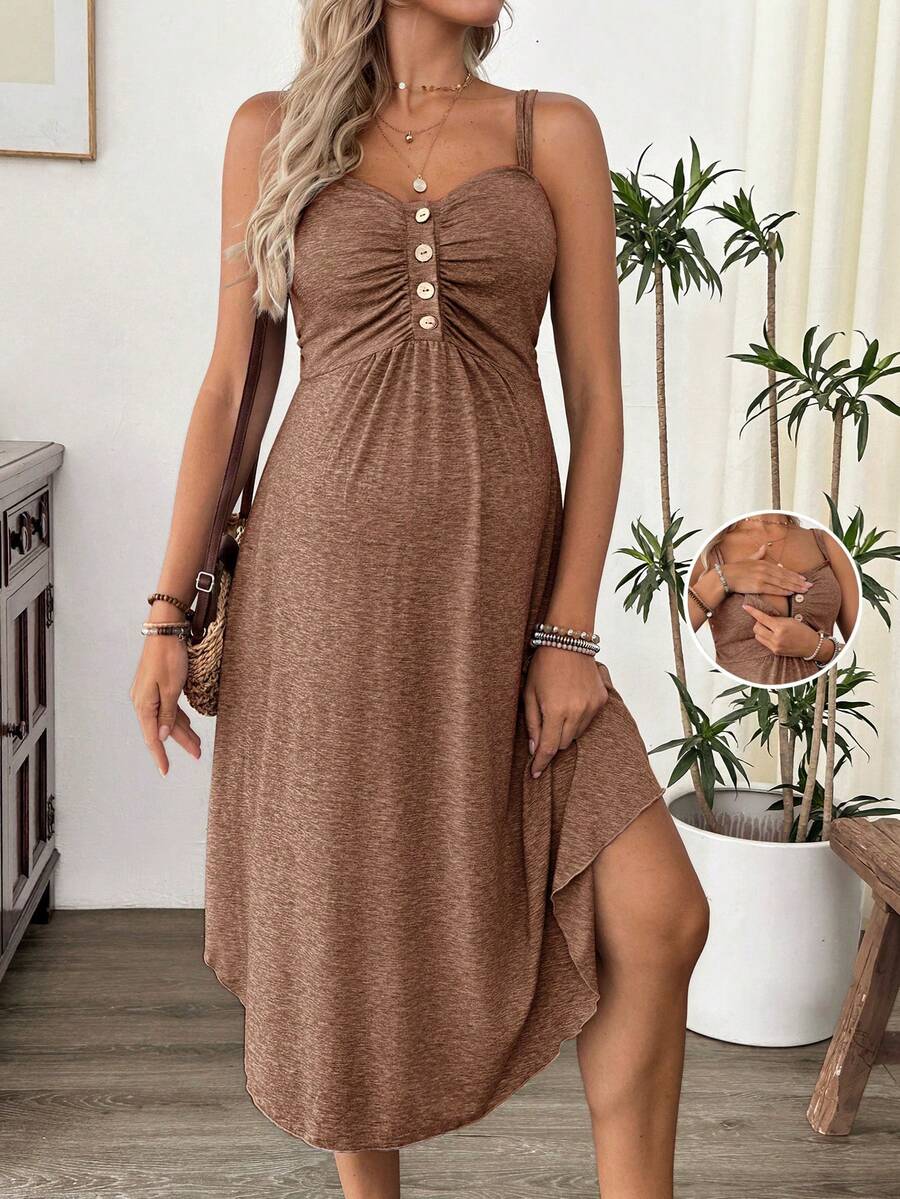 Cheriluna Maternity Maternity Solid Color Ruched Button Design Camisole Nursing Dress - Brown - View 1