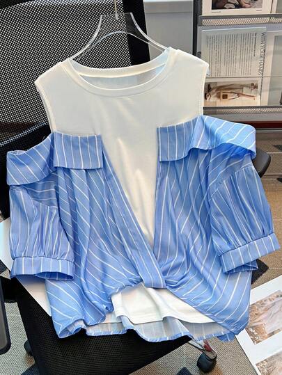 GlowEve CURVE Plus Size Women's Patchwork Striped Off-Shoulder Casual Blouse