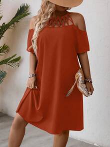 EMERY ROSE 大码女式纯色露肩吊带休闲连衣裙，适合约会、度假、旅行 - 橘色 - 查看 1