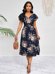 SHEIN Lady Petite Vestido midi con estampado floral, volantes, pliegues en el bajo, cinturón - Vestido casual elegante para fiestas, eventos, oficina, vacaciones, té, verano para mujer - Azul y blanco - Ver 3