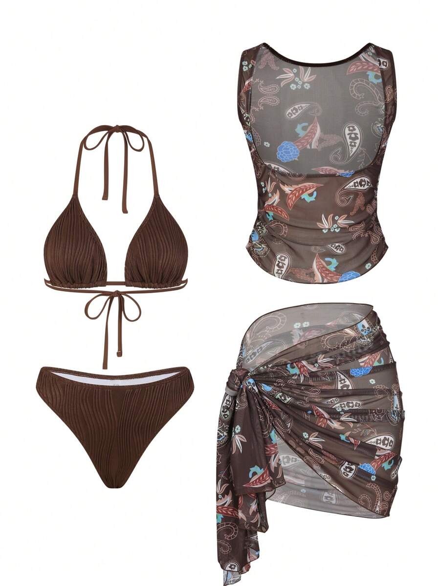Swim Vcay Conjunto de bikini casual de vacaciones con estampado de halter para mujer, conjunto de 4 piezas de traje de baño para el Día de San Valentín, primavera y verano, conjuntos de ropa de playa para mujer de vacaciones, conjunto de dos piezas de bikini de vacaciones, conjunto de ropa de club de playa de vacaciones para mujer - Multicolor - Ver 1