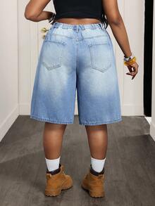 Slaydiva 大码夏季休闲街头水洗斜插口袋宽松牛仔裤 - 藍色 - 查看 2