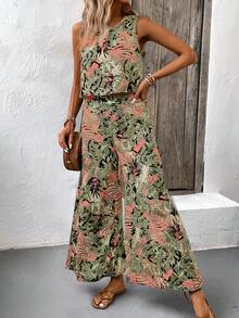 EMERY ROSE Women's Tropical Plant Print Round Neck Vest And Wide Leg Pants Loose Casual Two-Piece Set For Vacation - Pink - View 3