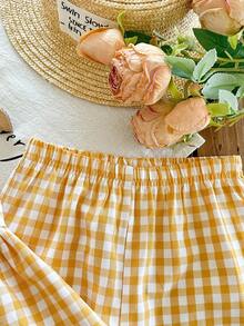 SHEIN Babygirl Cute Plaid Camisole Top And Elastic Waist Pants Set, Summer - Yellow - View 6