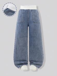 少女复古时尚牛仔阔腿裤，腰部拼接白色宽罗纹，宽松修身，适合休闲外出、用餐、聚会和校园穿着，四季皆宜。 - 中等水洗藍 - 查看 1