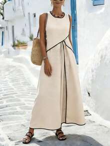 SHEIN Holidaya Vestido de verano sólido de color albaricoque, holgado, con cuello redondo, sin mangas y con parches negros, elegante y casual para vacaciones de mujer - Albaricoque - Ver 4