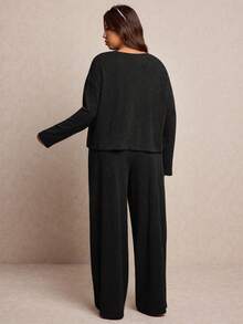 Elaquor Plus Size Women 2 Pieces Set, Solid Color Batwing Sleeve Top And Pants - Black - View 2