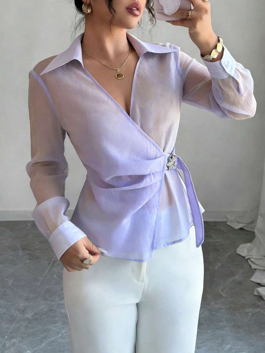 INAWLY Blouse à manches longues de couleur unie avec décoration florale métallique, élégante - Prune - Voir 1