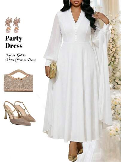 Fleurora 大码女式V领长袖纽扣设计优雅连衣裙