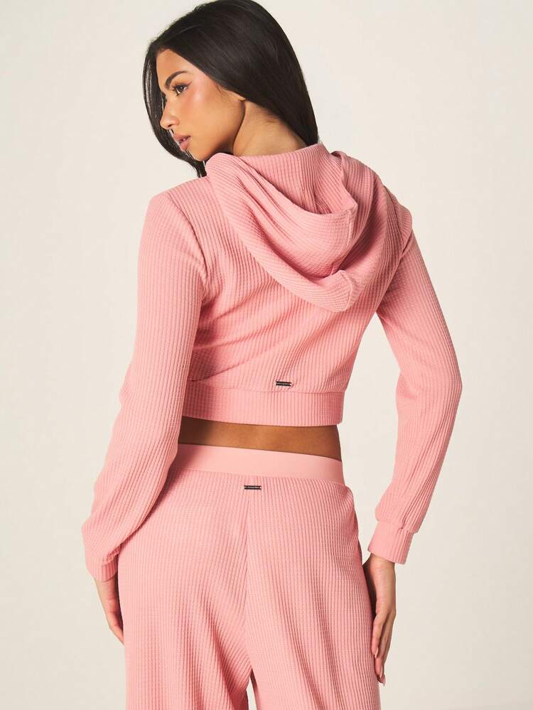 Missguided x Playboy Waffle Knit Full-Zip Cropped Hoodie With Ribbed Long Sleeves And Centre Pocket For Casual Streetwear