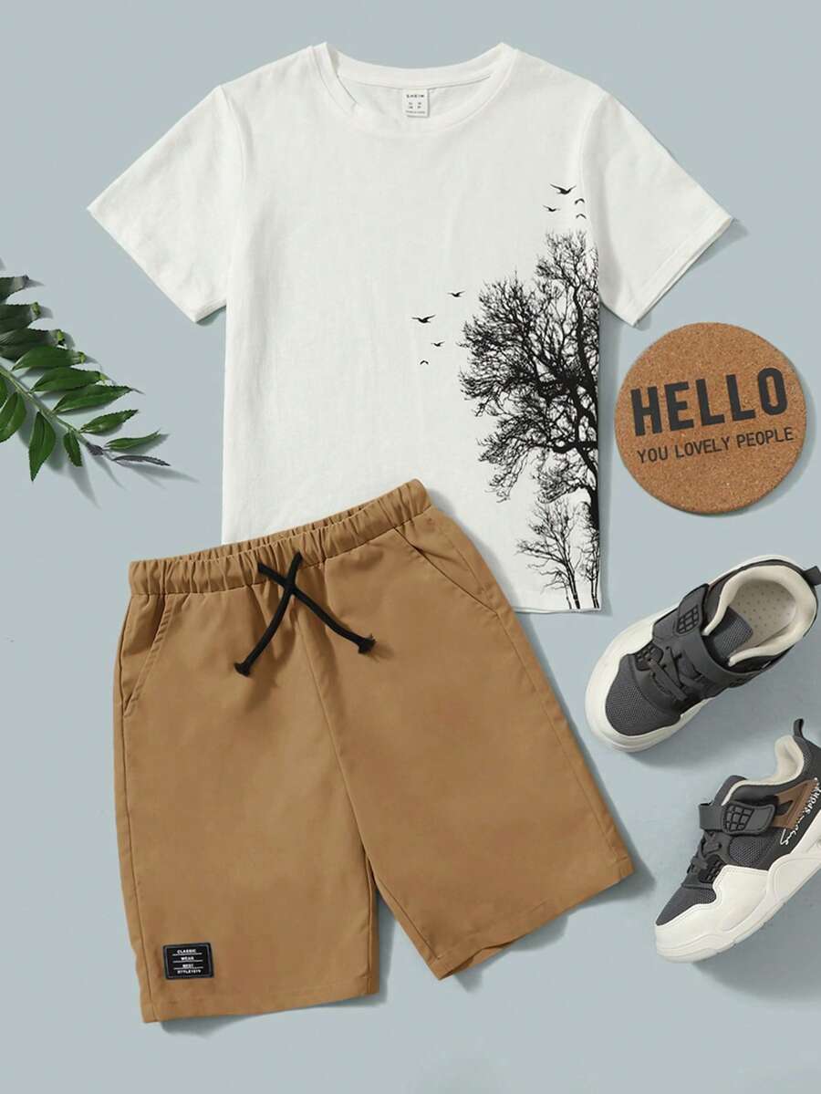 SHEIN Bộ đồ mùa hè cho bé trai, kiểu dáng thường ngày đi nghỉ mát và đi làm, in hình cây cối và chim chóc, gồm áo thun ngắn tay và quần short cạp chun có dây rút. - Màu Khaki - Xem 1