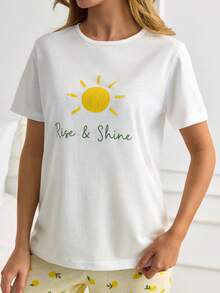SHEIN Mediterranean Chic: 'Rise & Shine' Sun Graphic Tee & Allover Lemon Print Wide-Leg Pajama Set - Yellow - View 5