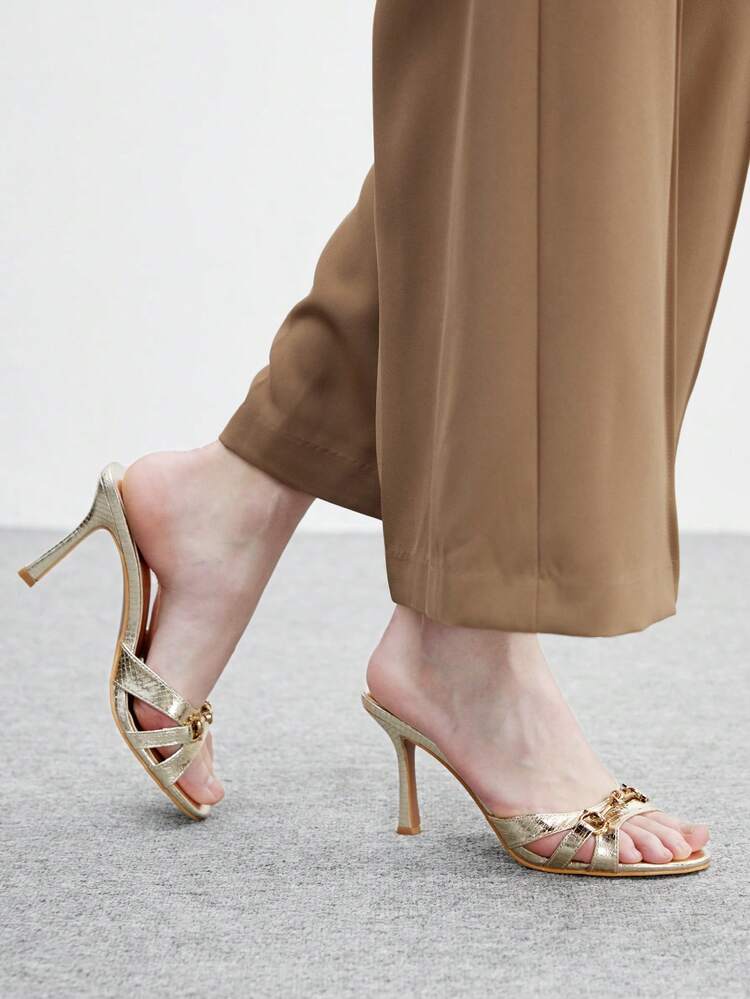 CUCCOO SZL Black PU Leather Gold Buckle Fashionable Comfortable Round Toe High Heel Mules Prom Heels