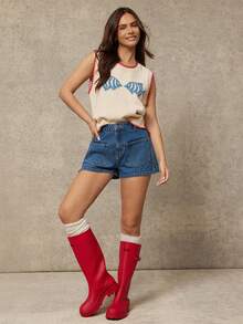 WESTFADE 圆领多针鱼形嵌花针织背心，春假、度假、夏季、休闲、可爱、海滩、假期、纳什维尔、牛仔、西部风格女装 - 杏色 - 查看 3