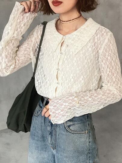 FRIFUL 女士纯色薄纱蕾丝长袖喇叭袖口宽松休闲百搭衬衫，春夏款