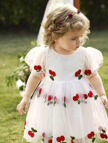 Elegant Embroidered Cherry Blossom Pattern Short Sleeve Dress, Summer - Red - View 9