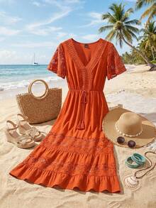 SHEIN Clasi Đầm kiểu Bohemian cổ chữ V phối ren thanh lịch, đầm đi nghỉ mát, đầm ngắn mùa hè dễ thương cho nữ, thích hợp cho kỳ nghỉ, ngọt ngào và thanh lịch cho kỳ nghỉ, hẹn hò, lễ hội, tiệc tùng, lễ tốt nghiệp, đám cưới và đi biển, đầm dạ hội, đầm mùa hè cho nữ, quần áo mùa hè cho nữ, đầm đi nghỉ mát, đầm đi biển mùa hè cho nữ, đầm Bohemian cho nữ, đầm hoàng hôn, đầm dài màu cam, đầm đi biển, đầm mùa hè cho nữ, trang phục đi nghỉ mát cho nữ, đầm Boho cho nữ, đầm maxi thường ngày màu cam, đầm maxi màu cam, đầm màu đất nung, trang phục nghỉ dưỡng, đầm đi biển màu cam, đầm màu cam cho nữ, đầm màu cam, đầm đi nghỉ mát, đầm đẹp cho nữ, đầm đi biển cho nữ, đầm mùa hè thiết kế mới, trang phục đồng quê cho nữ, đầm mùa hè cho nữ, đầm ren, đầm thắt eo, đầm nữ, đầm thời trang nữ, đầm midi thắt eo - trái cam - Xem 11