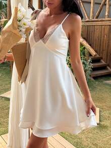 DAZY Women's Contrast Lace Satin Slip Camisole, Elegant Summer Vacation Camisole - White - View 6