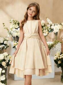 SHEIN 女童可爱优雅浅紫色无袖中长连衣裙，适合派对、假日、正式场合、婚礼、生日、演出及其他活动 - 杏色 - 查看 4