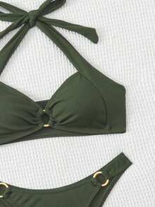 Swim Basics Conjunto de bikini de dos piezas para mujer con parte superior tipo sujetador de cuello de halter y Bottom de unicolor para la playa y el verano, color marrón - Verde - Ver 6