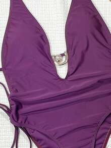 Swim SXY Solid Deep V Neck Twist Ruched Metal Decor Casual Beach Swimsuit For Women - Purple - View 3