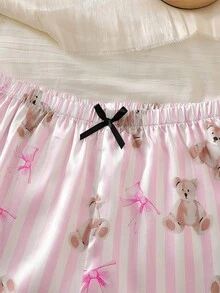 女童条纹小熊印花仿丝吊带背心和短裤两件套睡衣套装 - 彩色 - 查看 5