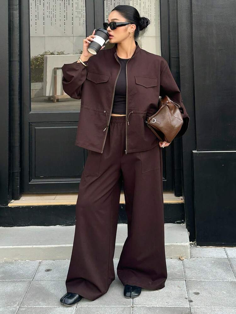 Dazy Plus Plus Size Solid Color Drop Shoulder Long Sleeve Zip-Up Drawstring Waist Casual Fashionable 2-Piece Set Lounge Sets For Women