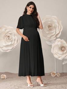 SHEIN 孕妇纯色褶皱优雅派对连衣裙 - 黑色 - 查看 5