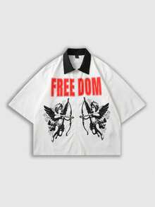 ROMWE MEN Camisa casual de manga corta con estampado de letra y ángel para hombre - Blanco - Ver 1