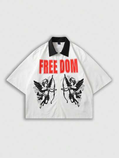 ROMWE MEN 男士字母天使印花短袖休闲衬衫