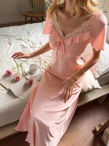SHEIN Women's V-Neck Short Sleeve Contrast Lace Bow Nightgown - Coral Pink - View 1