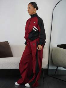 SAYEHFBABY Bộ đồ thể thao tập gym màu đen và đỏ, quần ống rộng và quần dù, thời trang dạo phố thu đông dành cho nữ, 2 món - Nhiều màu - Xem 6
