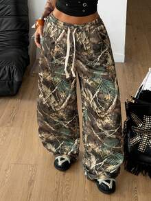 Coolane 女士春夏街头风锐舞朋克Y2K树枝图案森林印花舒适宽松阔腿裤 - 棕色 - 查看 5