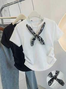 Resyla Women's Scarf Design Crew Neck Casual Pleated T-Shirt - White - View 1