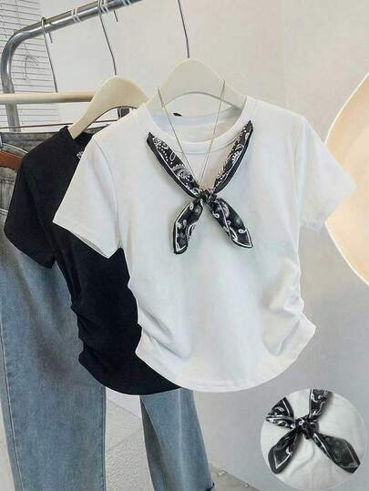 Resyla Women's Scarf Design Crew Neck Casual Pleated T-Shirt