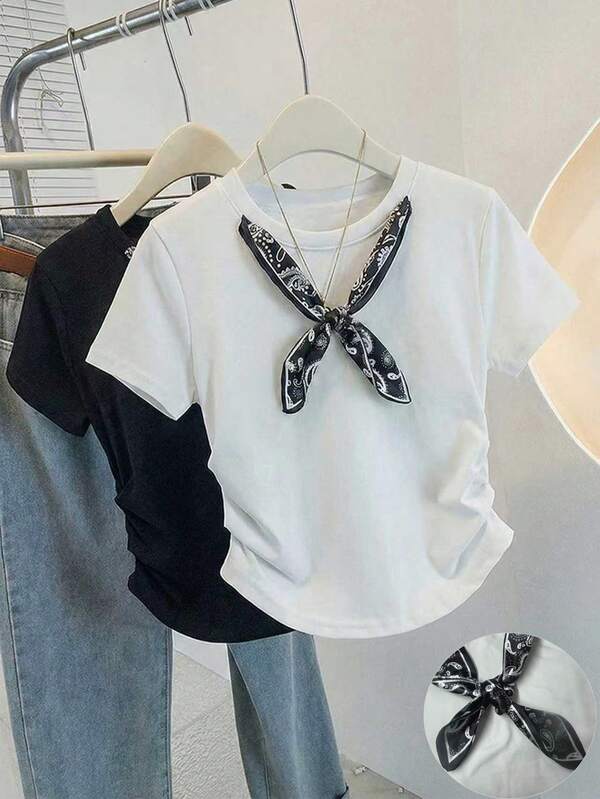 Resyla Women's Scarf Design Crew Neck Casual Pleated T-Shirt