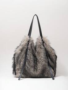 ROMWE Grunge Punk Ladies, Women Shoulder Bag,Hobo Bag,Plush Bag,Faux Fur,Plush,Fur & Fuzz,Fashionable,Personalized,Versatile,Street,Sweet And Cool Girls,Hot Girls,Y2k,Punk,Autumn And Winter(Random Pattern) - Black apricot - View 1