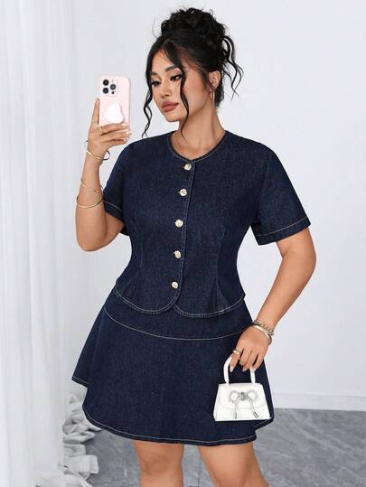 Elenzga 大码女式优雅舒适深蓝色无弹力牛仔衬衫