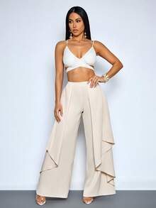 SOLERSUN Women's Elegant Layered Irregular Hem Flowy Low-Waisted Trousers - Apricot - View 6