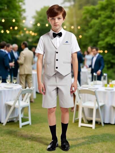 SHEIN 两件套男童西装套装，简约高端优雅夏季装扮，包含背心和休闲短裤。浅灰色修身背心搭配蓝色装饰口袋巾，适合半正式或正式场合。