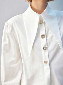 Maija Peak Collar Button Front Blouse Workwear,Long Sleeve Tops, - White - View 4