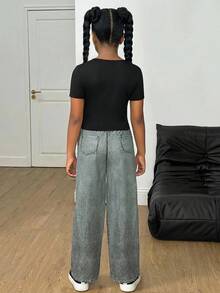 Conjunto de 2 piezas para niña preadolescente: Camiseta de manga corta negra con estampado de letras inglesas y estrellas, Pantalones negros - Negro - Ver 2