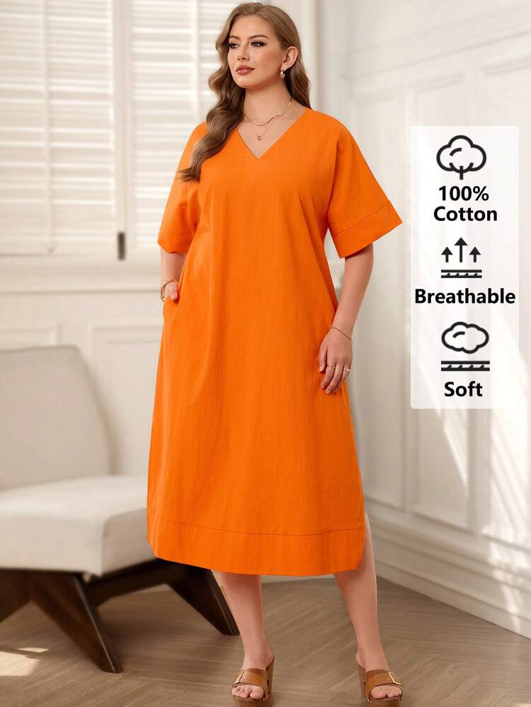 Plus Size Women Cotton Casual Solid Color Minimalist V-Neck Dress Casual Outfit For Women Summer Outfits Summer Clothes  Spring  Spring Outfit Women Spring Clothes Beach Vacation Outfits For Women Bohemian  Orange Plus Size Dress Plus Size Dress With Pockets